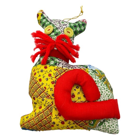 Handmade Patchwork stuffed cat Christmas ornament button eyes hanging - Picture 1 of 6